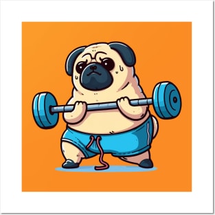 pug dog working out and lifting weights Posters and Art
